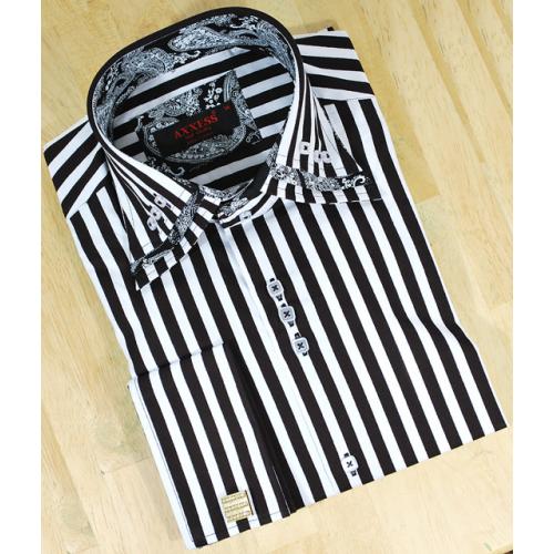 Axxess Black White Stripes Paisley Design / Tabbed Collar 100% Cotton Dress Shirt